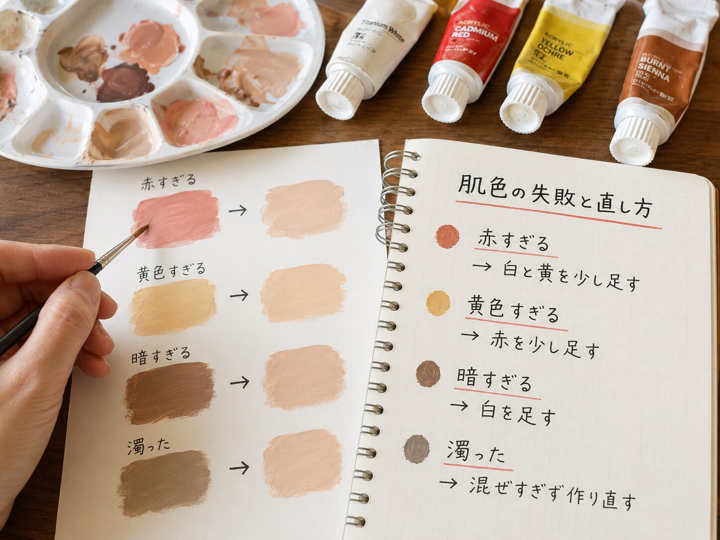 肌色の絵の具を試し塗りして色の失敗と直し方を確認しているイメージ