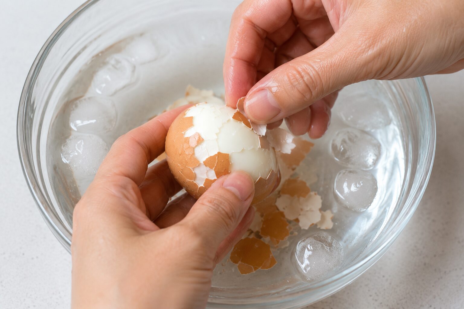 冷水で冷やした半熟ゆで卵へ細かくひびを入れ、水の中で殻をむいている写真