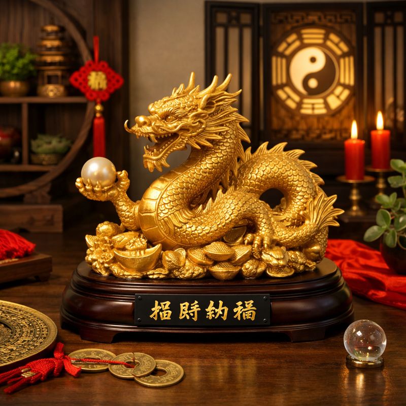 金色の龍の置物が部屋に飾られている風水イメージ画像