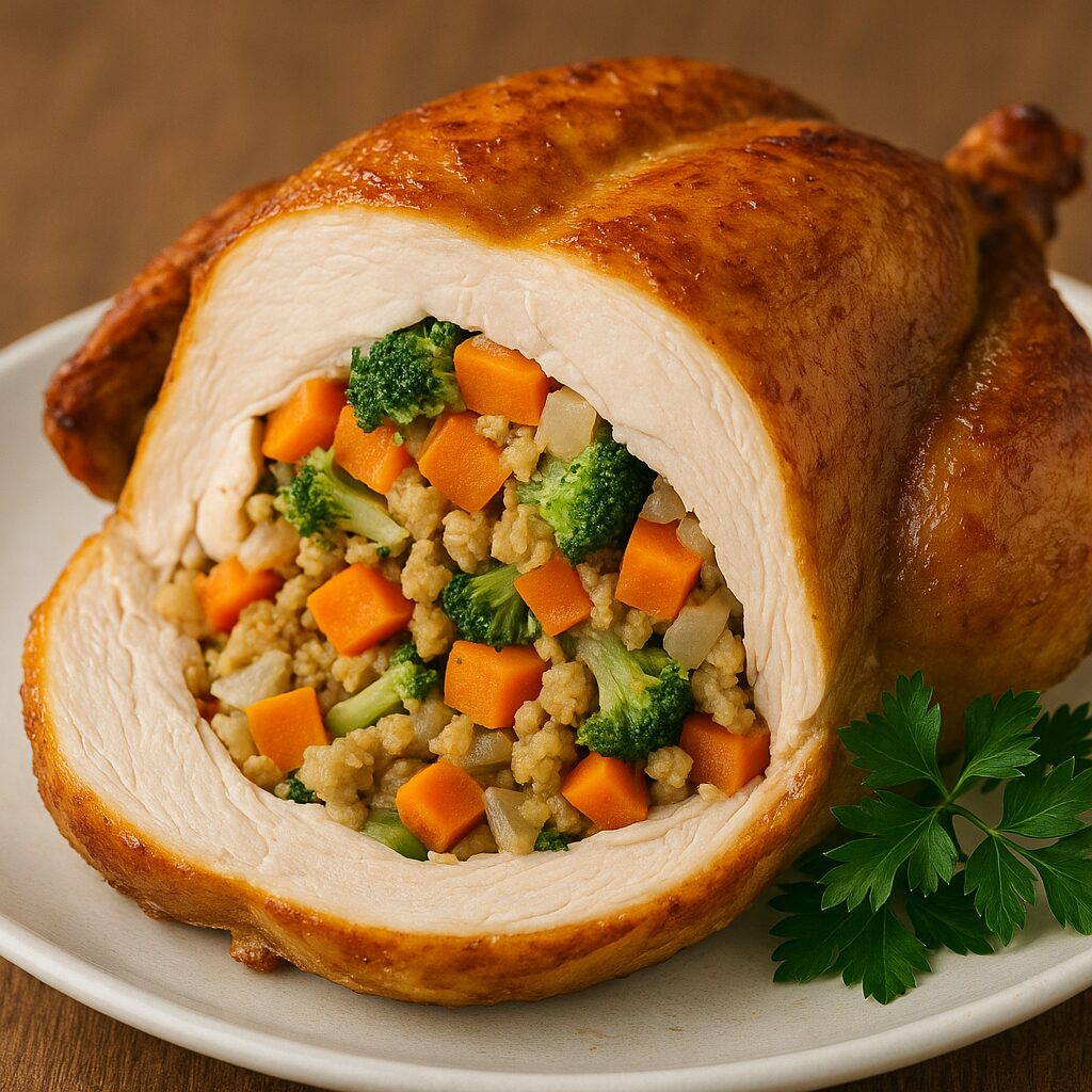 焼き上がったローストチキンの断面と詰め物の写真。野菜やハーブが詰まった丸鶏のイメージ画像。