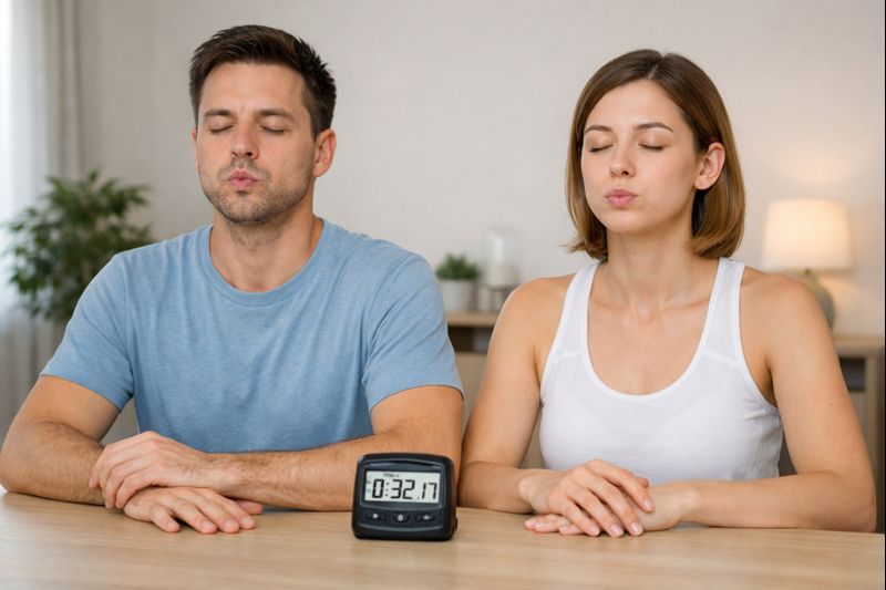 静かな場所で息を止めて時間を計測している男女のイメージ画像（健康チェックの様子）