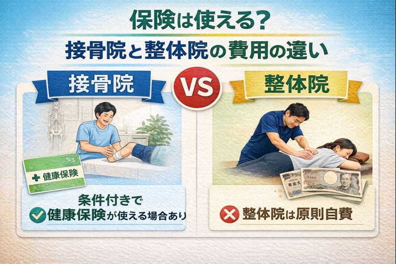 接骨院は健康保険が使える場合があり整体院は原則自費になることを比較したイメージ画像
