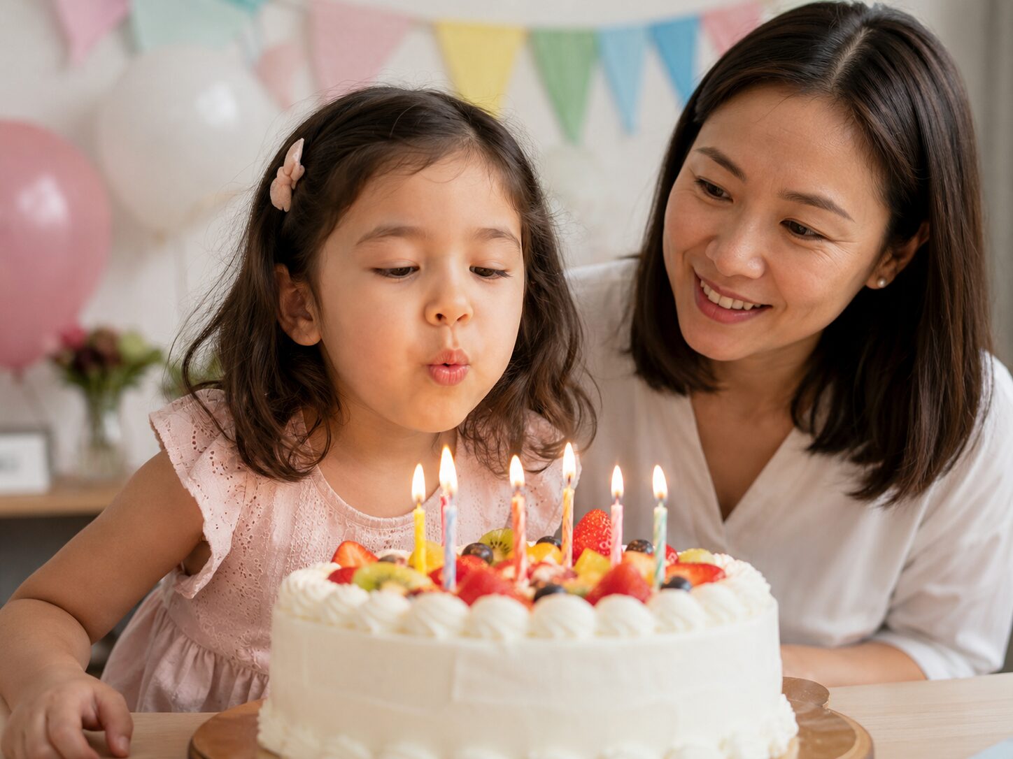 大人が見守る中で子どもが誕生日ケーキのろうそくを吹き消している写真
