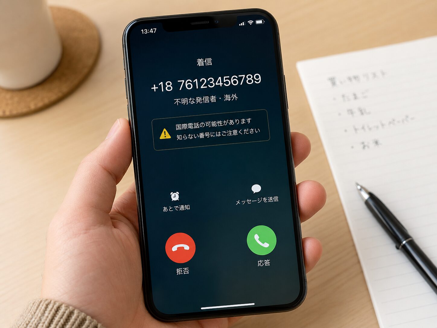 スマートフォンに+18から始まる不審な国際電話の着信が表示されている写真
