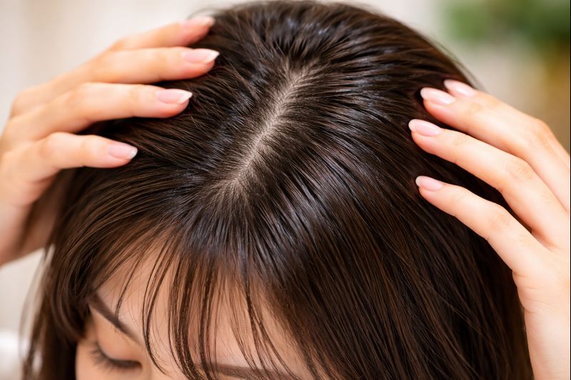 汗や皮脂によって髪がベタついて見える頭皮のアップ写真