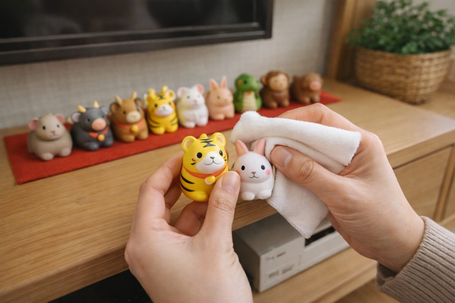 干支の置物をやさしく拭いて手入れしている様子の写真（無料素材向け）