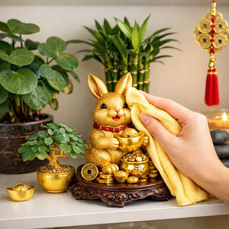 清潔な棚に整然と飾られたうさぎの置物を拭き掃除している様子のイメージ画像