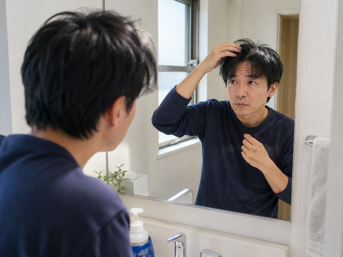 一日風呂に入れなかった翌朝に鏡で髪や服の状態を確認している人物の写真