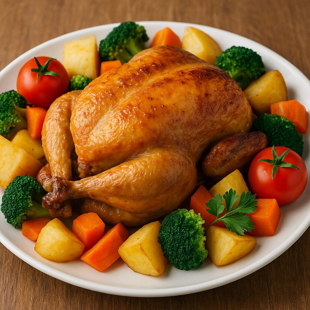 ローストチキンと周りに並べられた野菜の写真。無料サイトで入手できる丸鶏と野菜のイメージ画像。