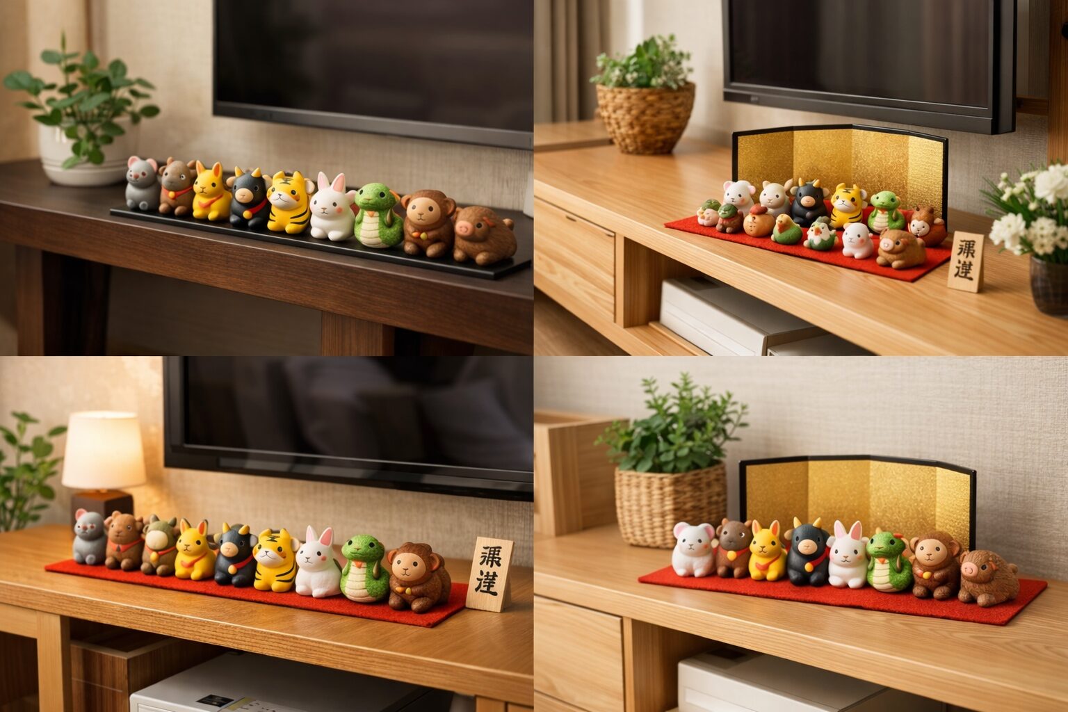 リビングの棚に干支の置物を飾っている様子の写真（無料素材向け）