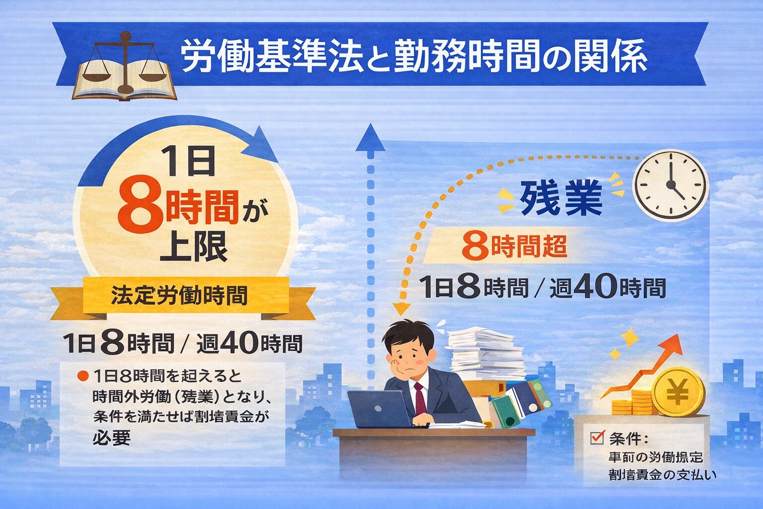 労働基準法と勤務時間の関係を説明するイメージ（8時間が上限であることを示す図）
