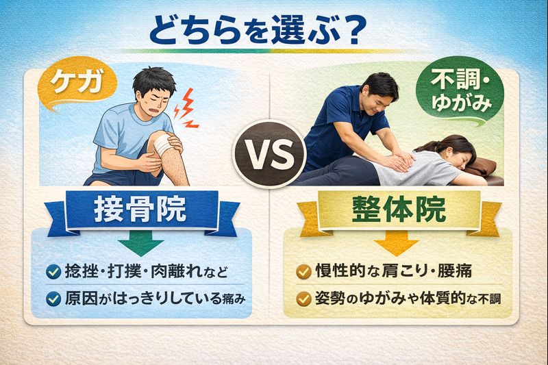 ケガには接骨院、慢性的な不調や体の歪みには整体院という選び方を示したイメージ画像