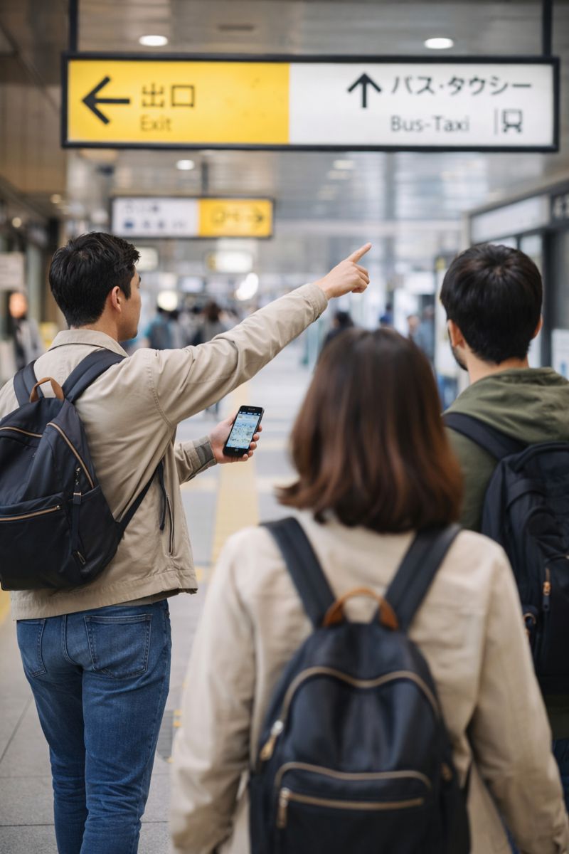 初めての場所で案内役に着いて行き目的地へ向かうイメージ（駅や街中で道を案内している様子）