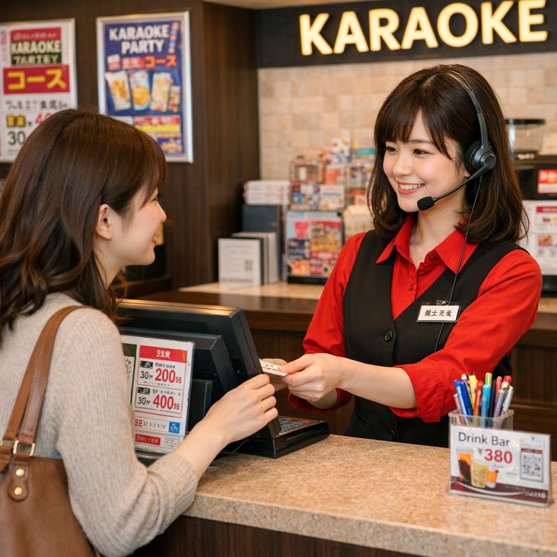 一人でカラオケ受付をしている様子のイメージ（無料素材）