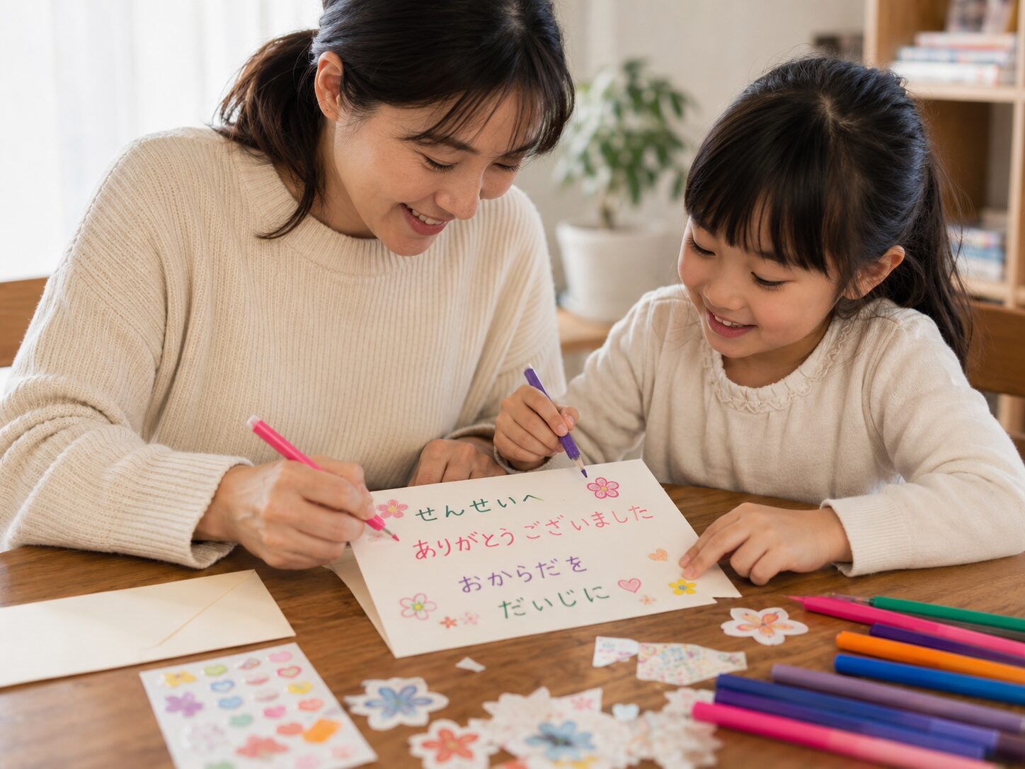 保護者と子どもが産休に入る先生へメッセージカードを書いている写真
