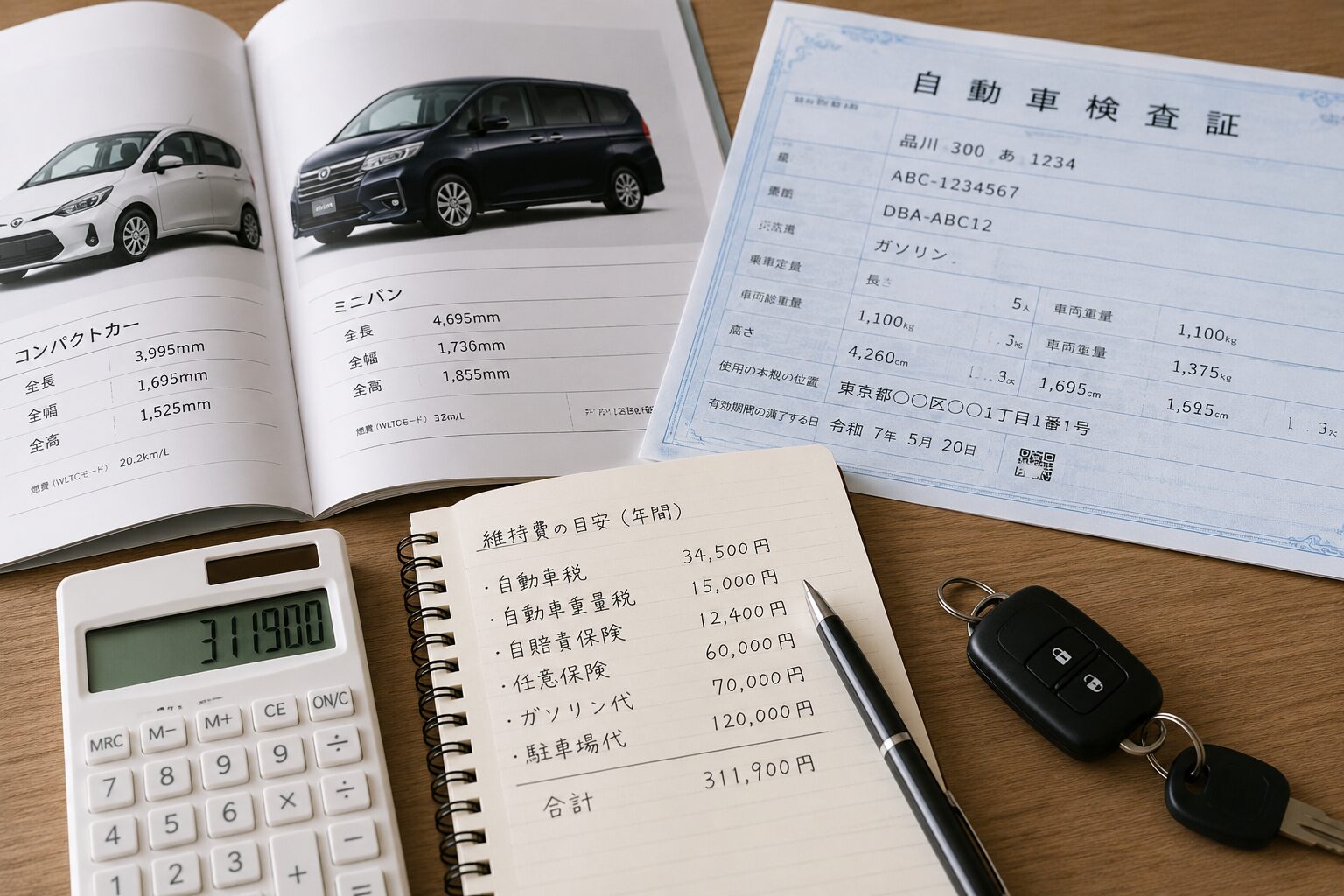 車検証やカタログを見ながら車のサイズ、排気量、重量、維持費をチェックしているイメージ。無料写真素材で、車のカタログ、メモ帳、電卓、車のキーが写った自然な画像を使用する