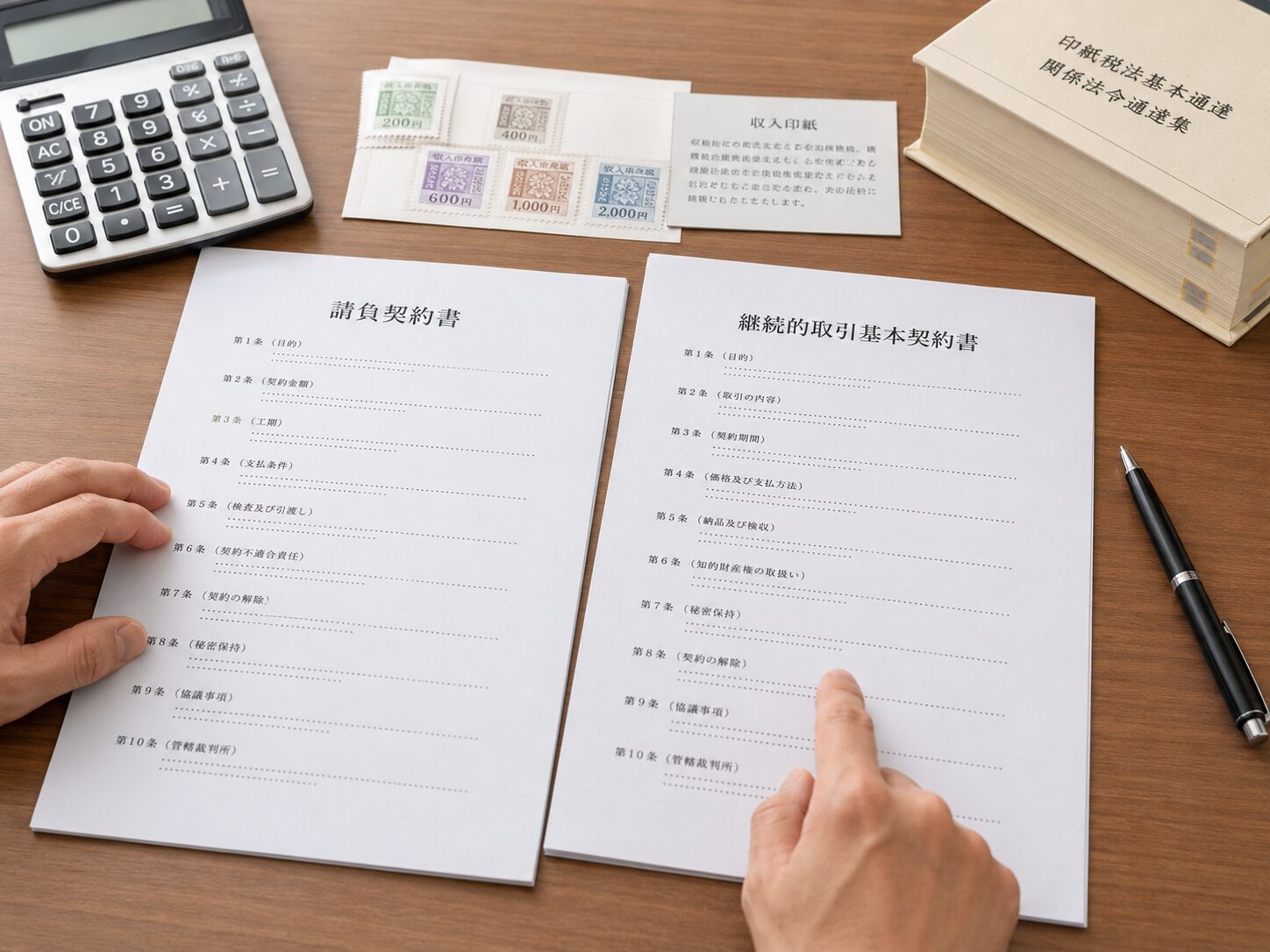 紙の請負契約書と継続的取引基本契約書を机の上で比較し、収入印紙の要否を確認している写真