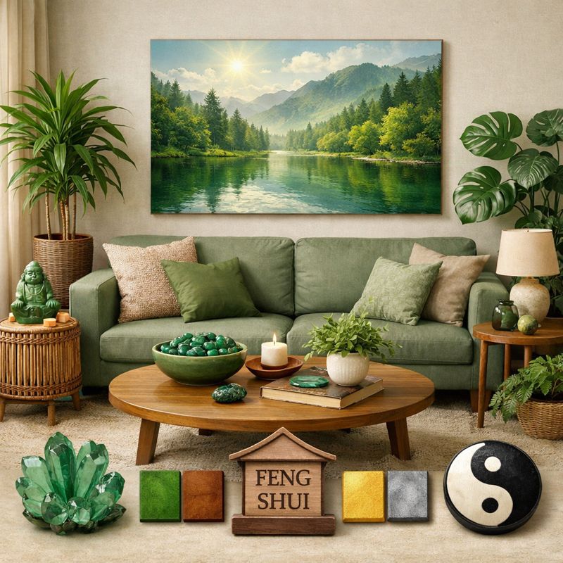 自然モチーフの絵が飾られたリビングの風水イメージ画像（グリーン系の風景画と観葉植物がある落ち着いた空間）