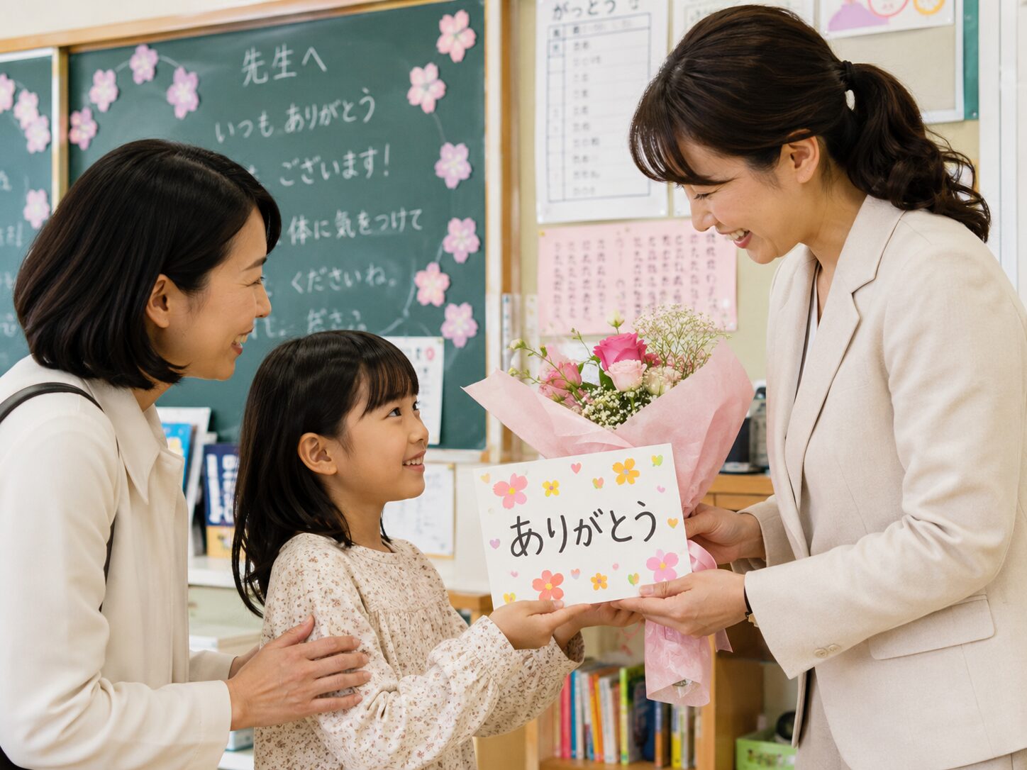 花束とメッセージカードを先生へ贈る場面の写真