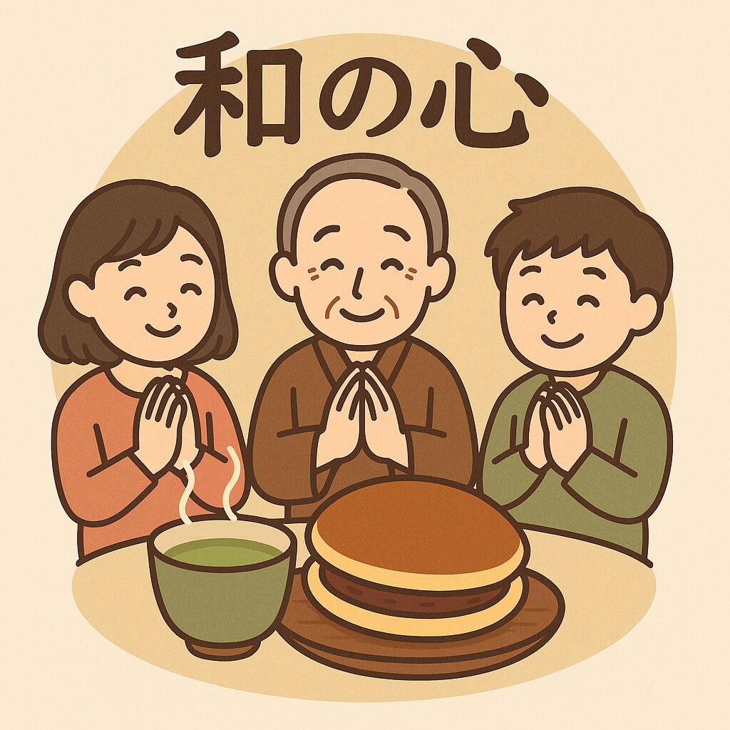 どら焼きを囲む人々と『和の心』を象徴する円形のデザイン。お茶とどら焼きが描かれた温かみのあるフラットイラスト。