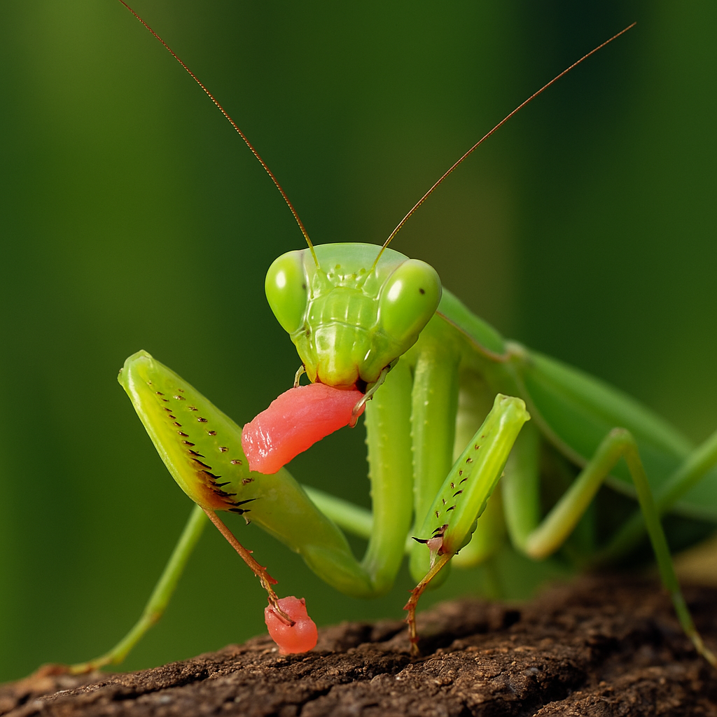 カマキリが代替食を食べている様子(魚肉やレプトミンなど)