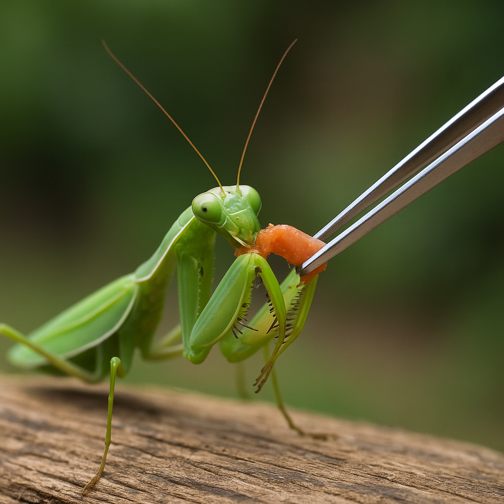 ピンセットで餌を与えるカマキリの様子