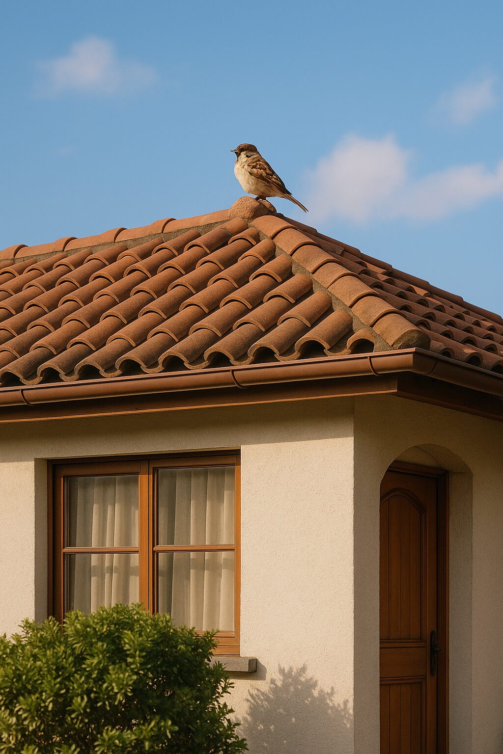 屋根の上にスズメがとまる家の風景