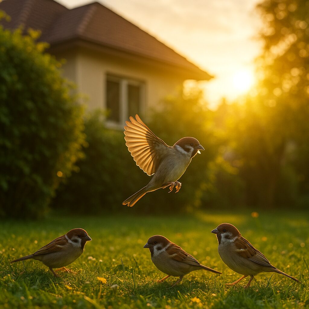 日当たりの良い家の庭に集まるスズメのイメージ（朝の光の中で飛ぶスズメ）