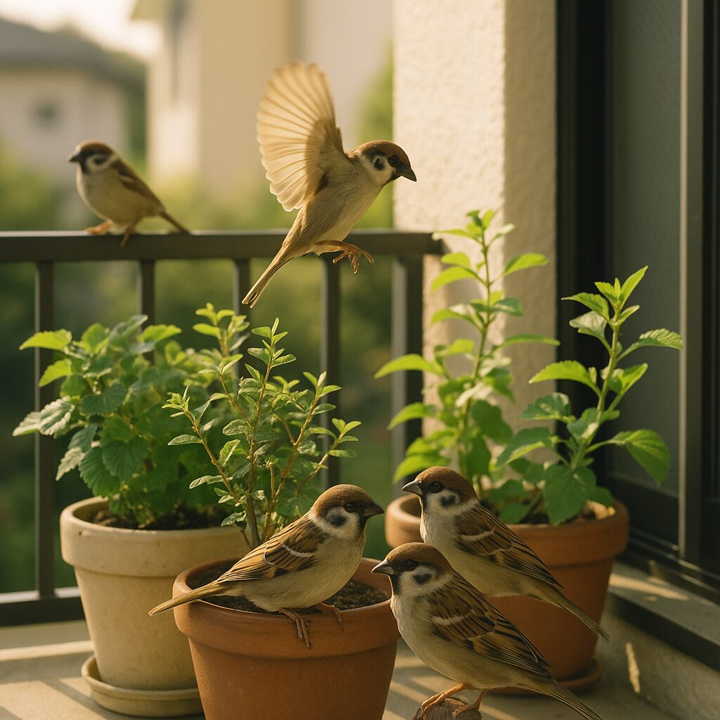 ベランダの植物の周りに集まるスズメのイメージ