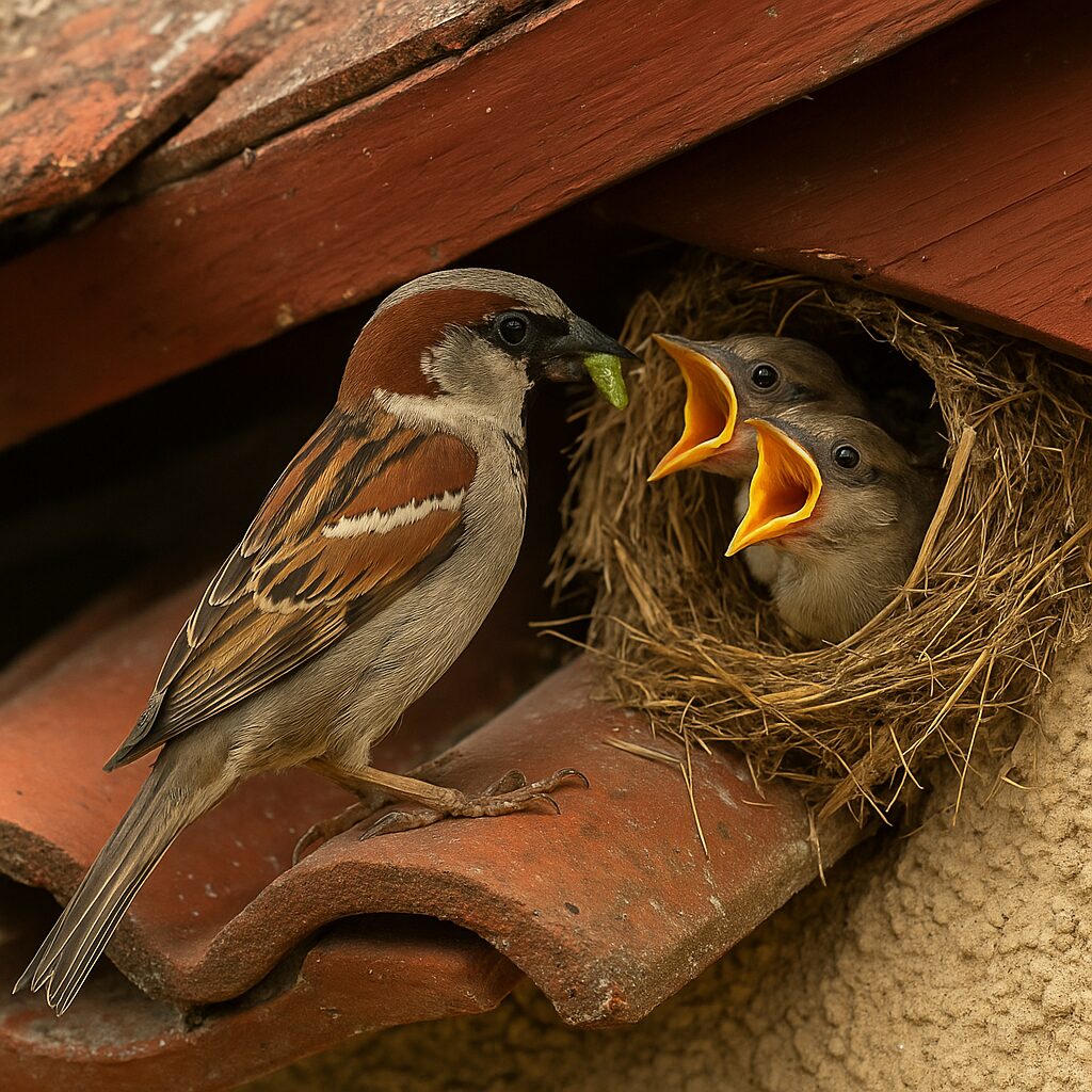 屋根の下に巣を作るスズメの写真（ヒナにエサを運ぶ親鳥の様子）