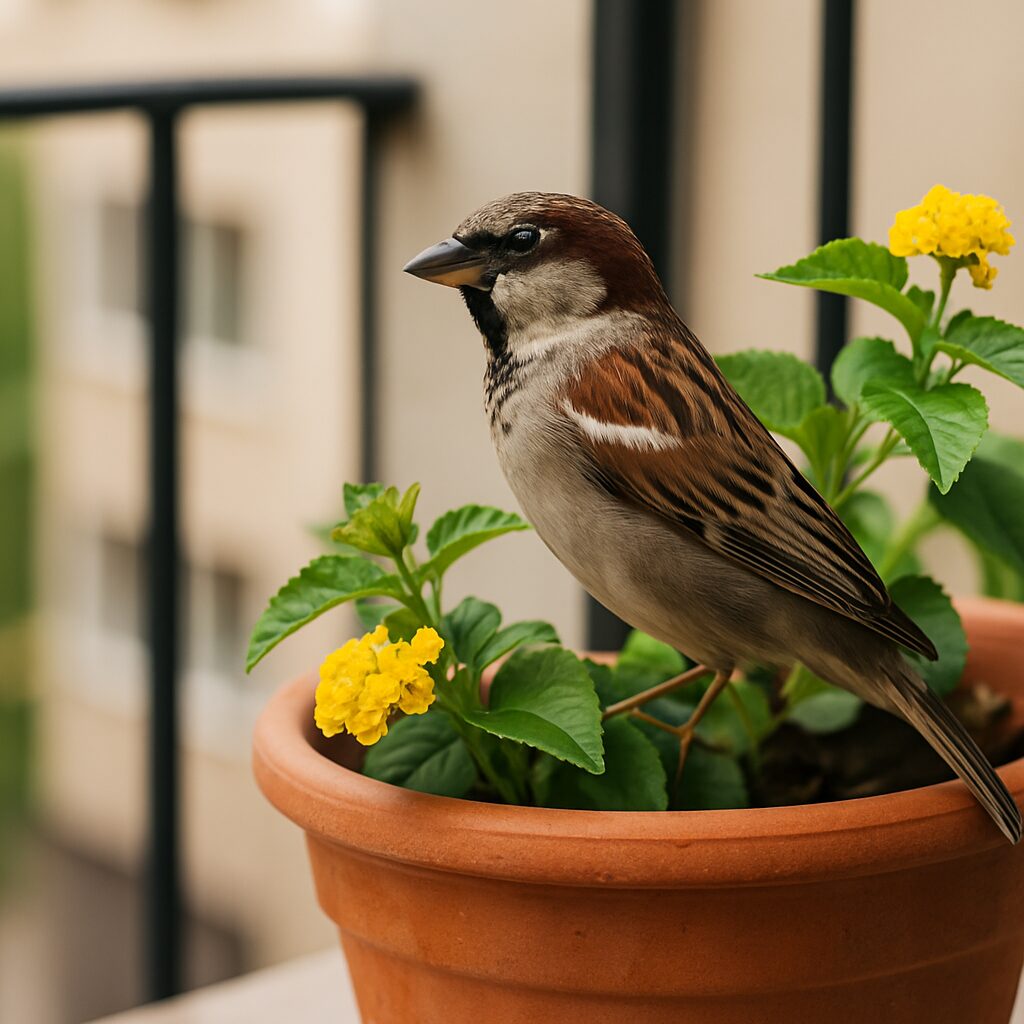 ベランダの鉢植えに止まるスズメの写真