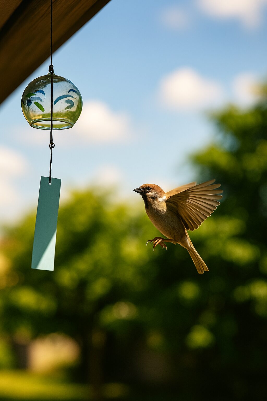 風鈴の近くを飛ぶスズメの写真（夏の日差しの下で）