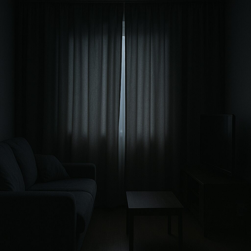 スズメが来ない静かな家のイメージ。閉ざされたカーテンと暗い室内