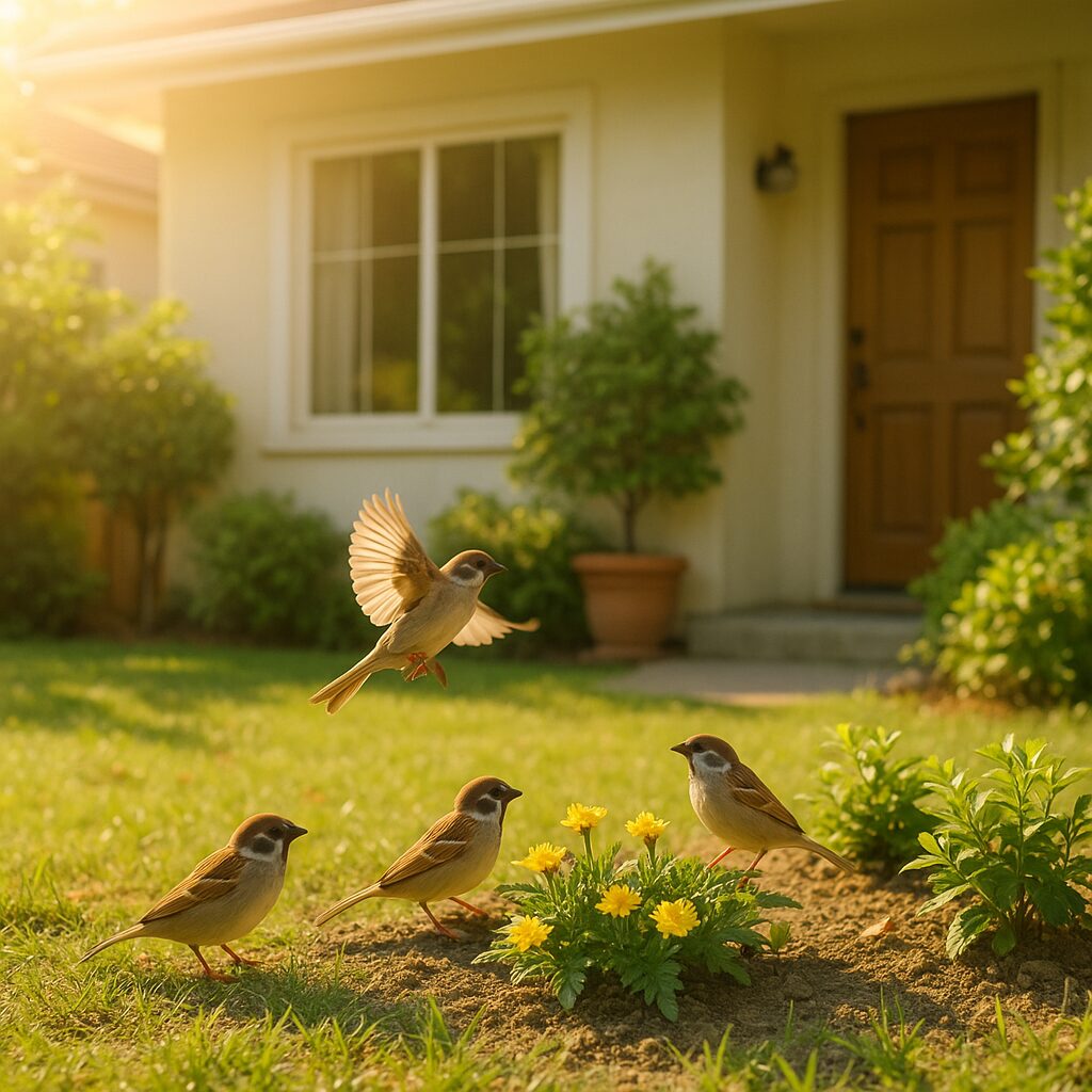 庭先でスズメが集まり、明るい日差しが差し込む幸福な家のイメージ