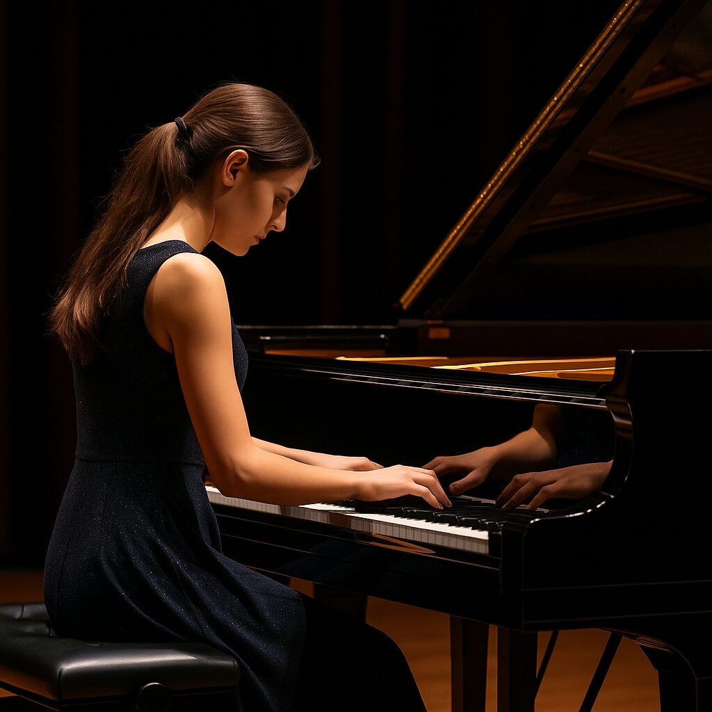 発表会でピアノを演奏する人の写真（照明とピアノの調和）