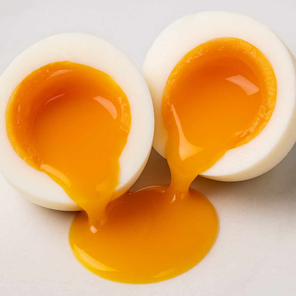 割った半熟ゆで卵から黄身がとろりと流れ出す写真。理想の火加減を示すイメージ。