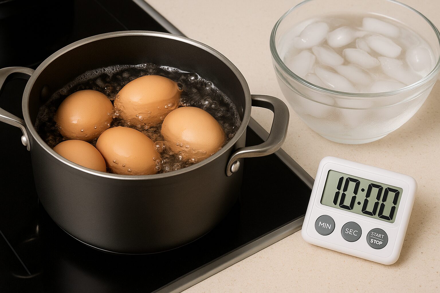 鍋で卵をゆでている写真。タイマーと氷水が横に準備されている。