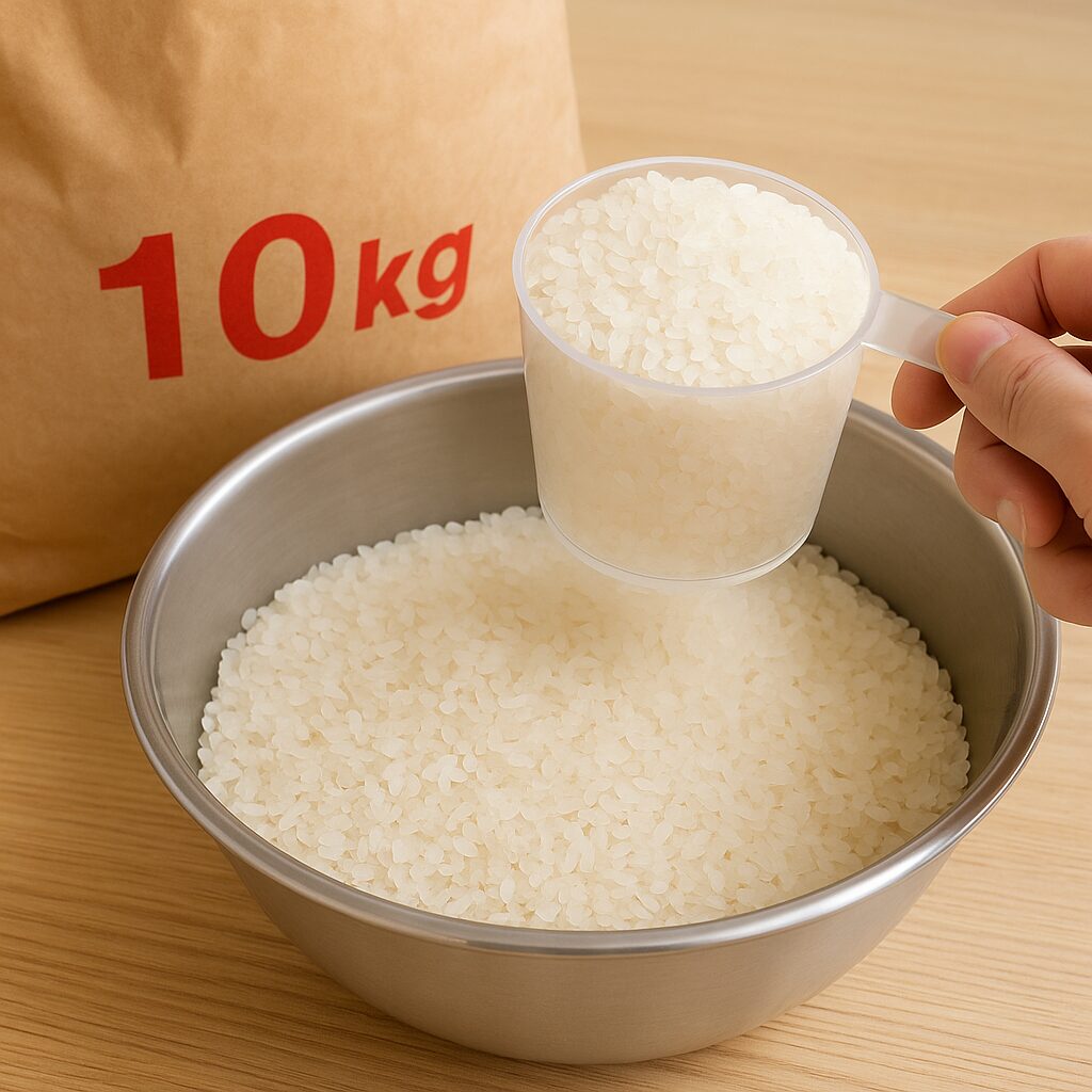 10kgのお米を計量カップで量っているイメージ写真。白いお米がボウルに入っている。