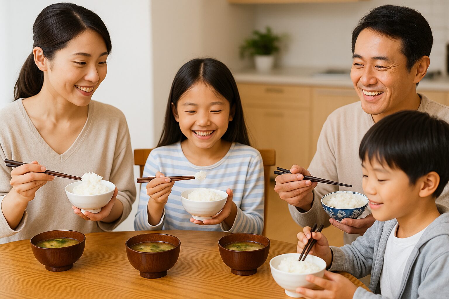 家族4人が食卓でご飯を食べているイメージ写真。炊きたてのご飯茶碗と味噌汁が並んでいる。