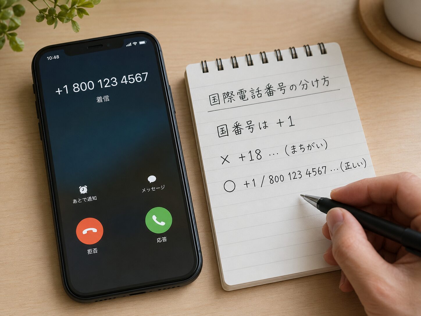 +1と+18の番号の区切りを確認しているスマートフォンとメモの写真