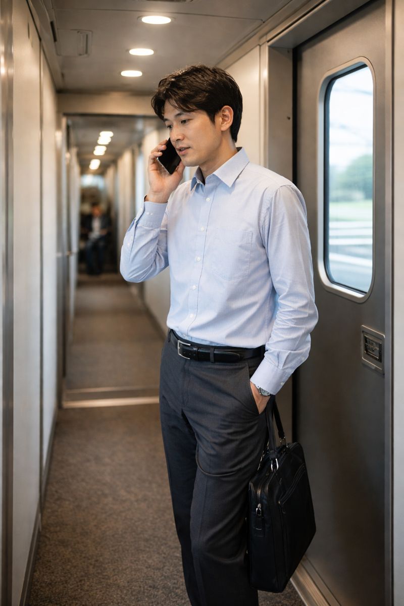 新幹線のデッキ部分で静かに立つ利用者のイメージ画像（無料素材）