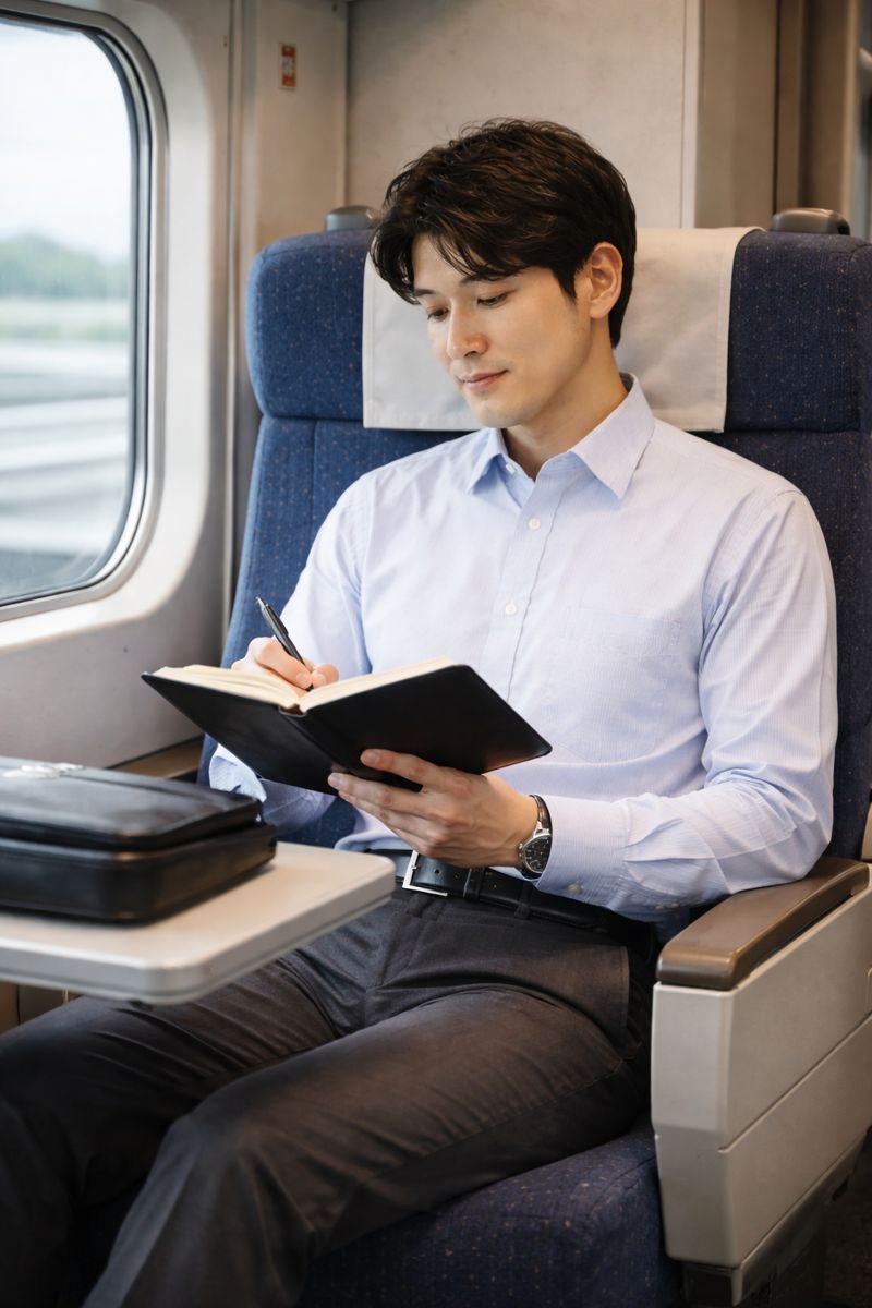 新幹線利用時にスマートにマナーを守るビジネスパーソンのイメージ画像（無料素材）