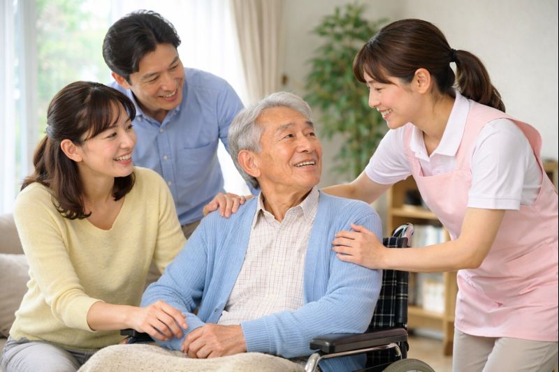 在宅介護で家族と介護スタッフが協力して高齢者を支えているイメージ画像