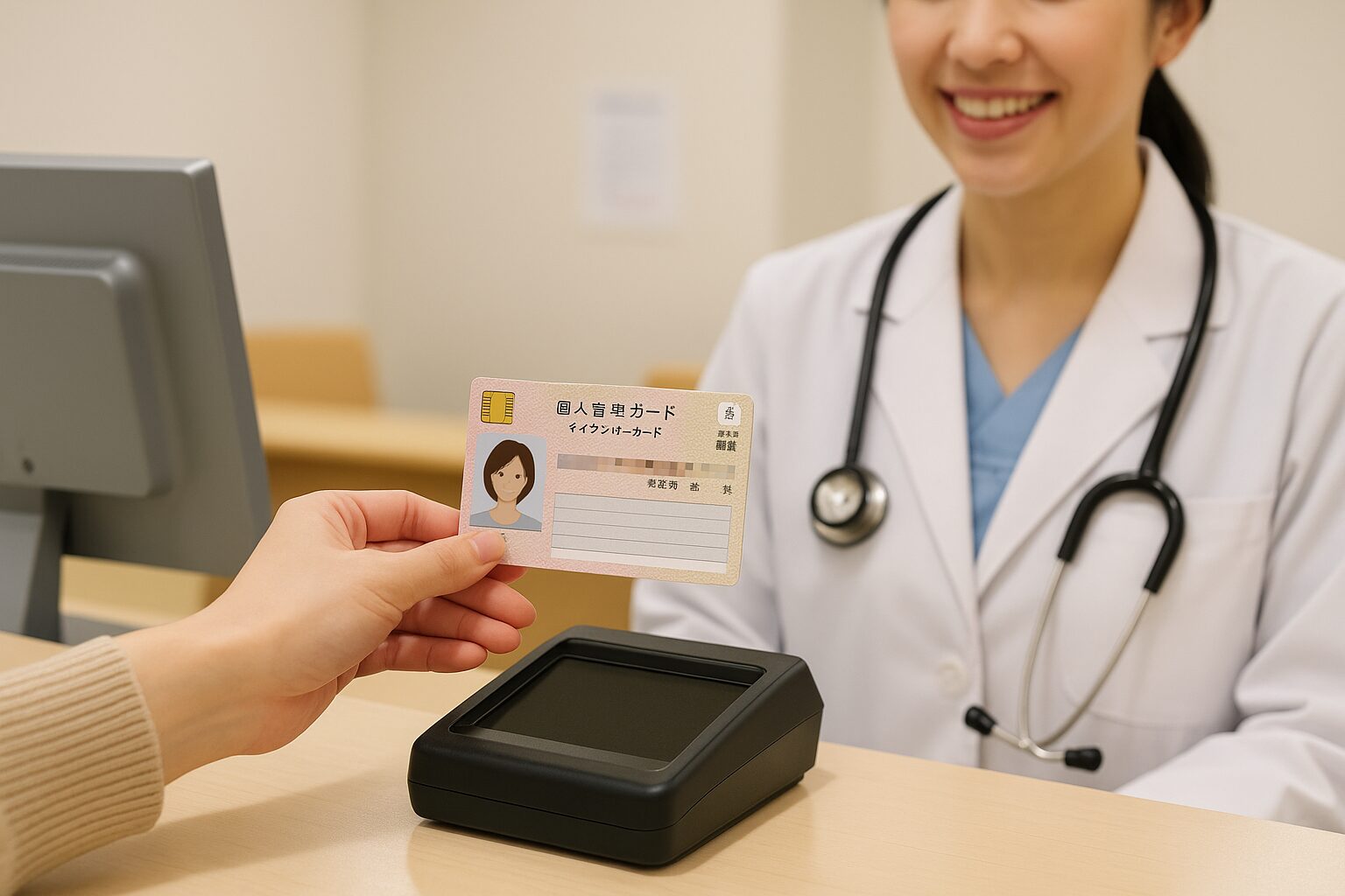 マイナンバーカードを健康保険証として利用するイメージ。病院の受付でカードをかざす様子。
