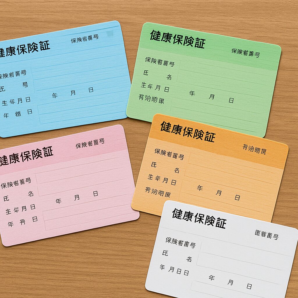 複数の健康保険証カードが並んだイメージ。青・緑・ピンクなどさまざまな色の保険証がテーブルに並んでいる写真
