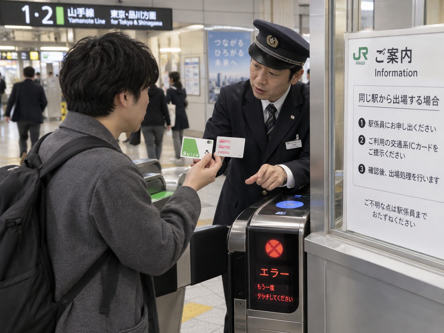自動改札でエラーになり駅員に交通系ICカードを見せて同じ駅から出る方法を確認している利用者の写真