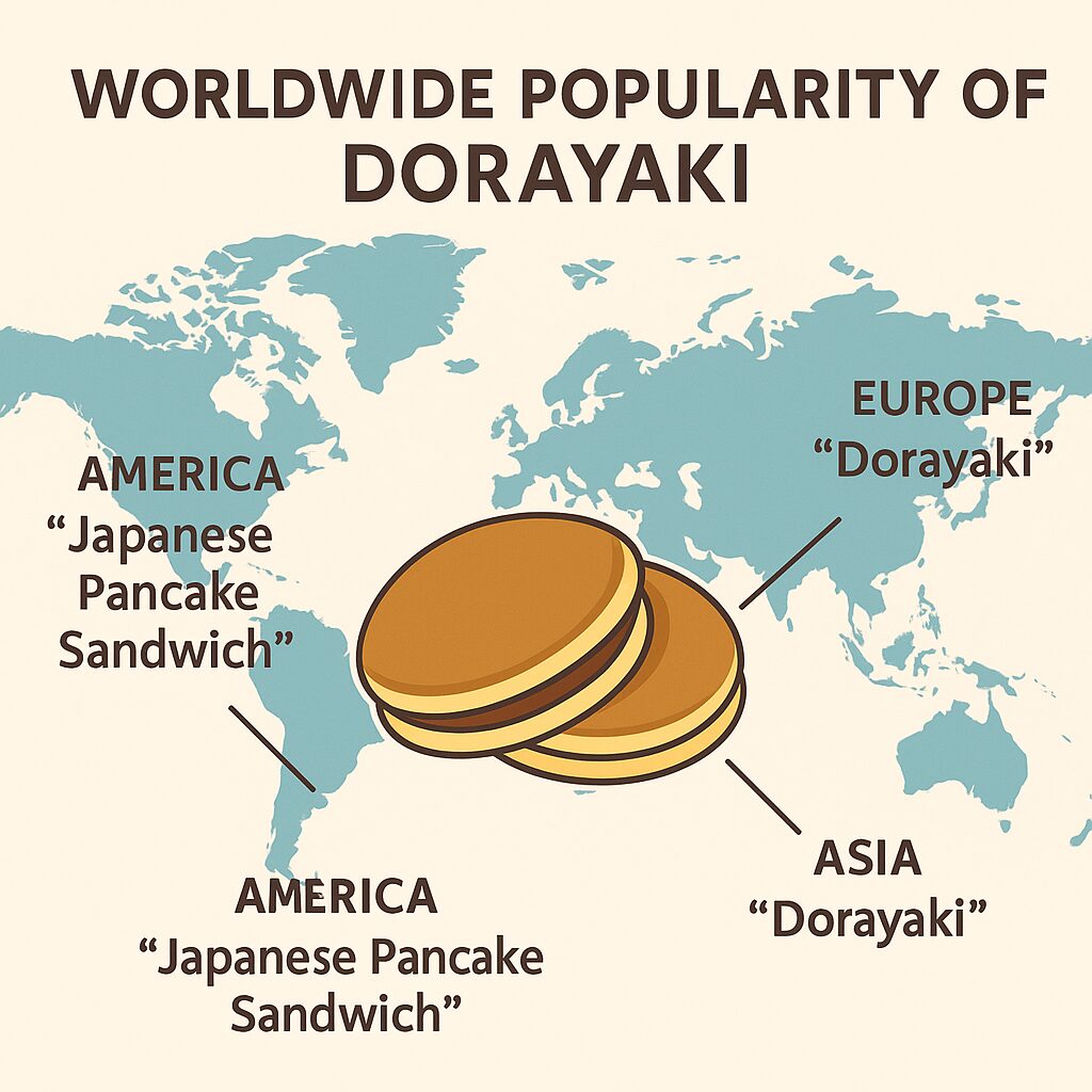 世界で人気のどら焼きを紹介するイラスト。日本・アメリカ・ヨーロッパ・アジア各地にDorayakiが広がる様子を示した地図風のフラットデザイン。