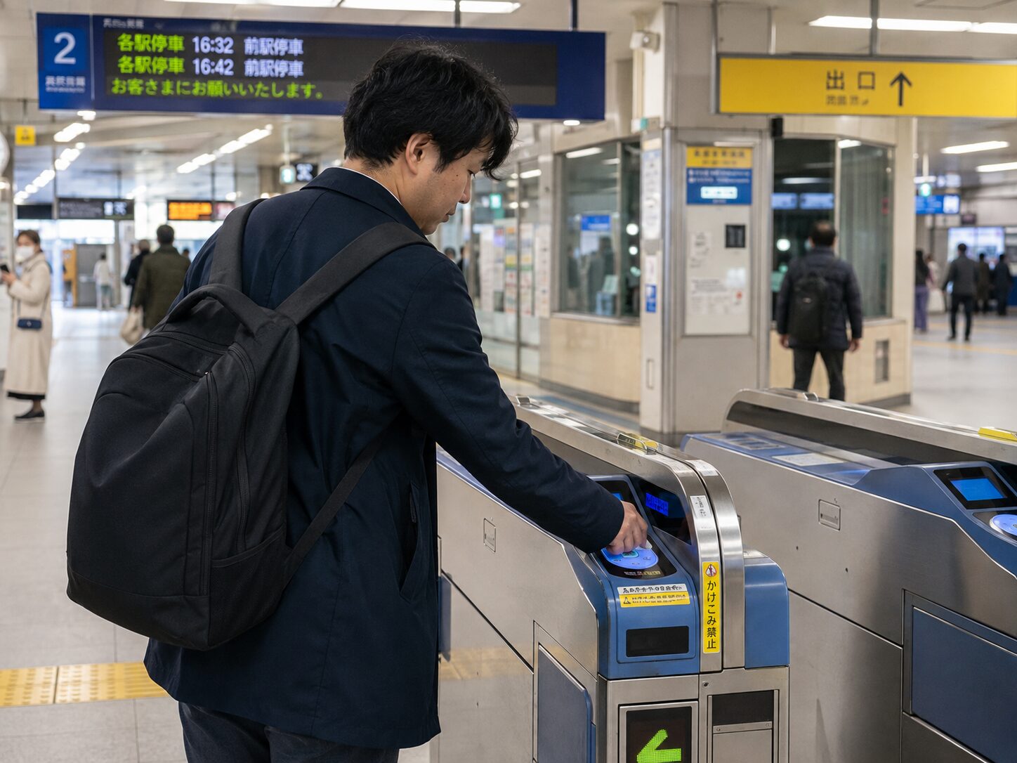 駅の自動改札に交通系ICカードをタッチして同じ駅から出ようとしている利用者の写真