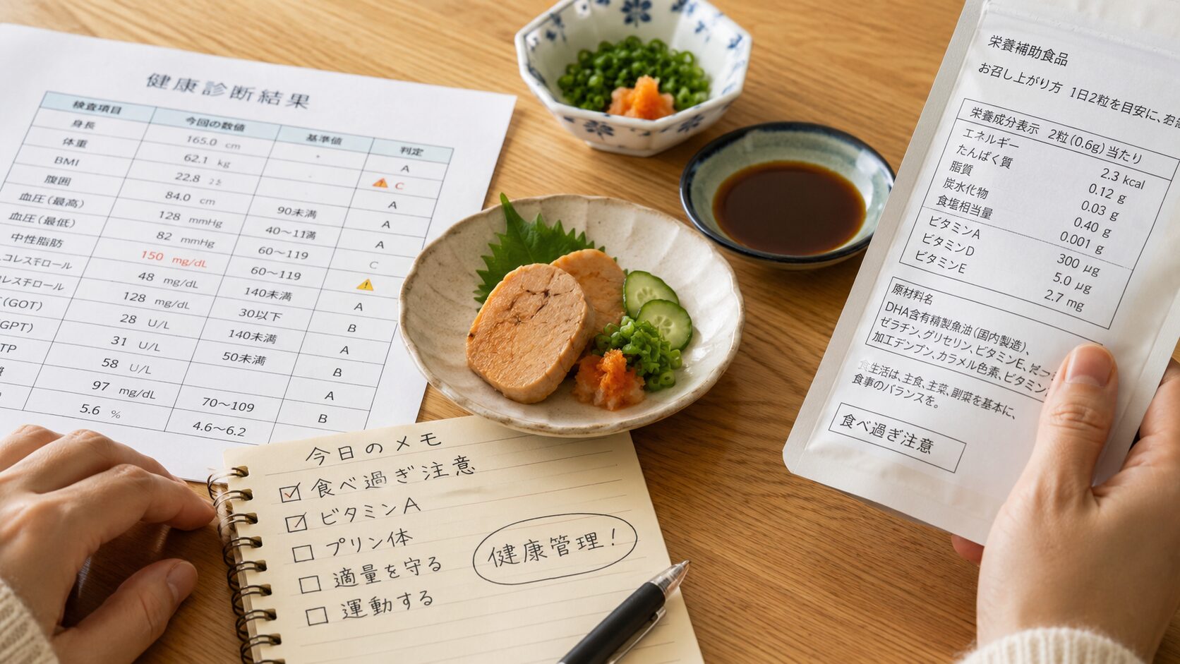 あん肝の小皿と健康診断結果、サプリメントの成分表示を見比べて食べる量を確認しているイメージ。無料写真素材で、食べ過ぎ注意、ビタミンA、プリン体、健康管理の雰囲気が伝わる画像を使用する