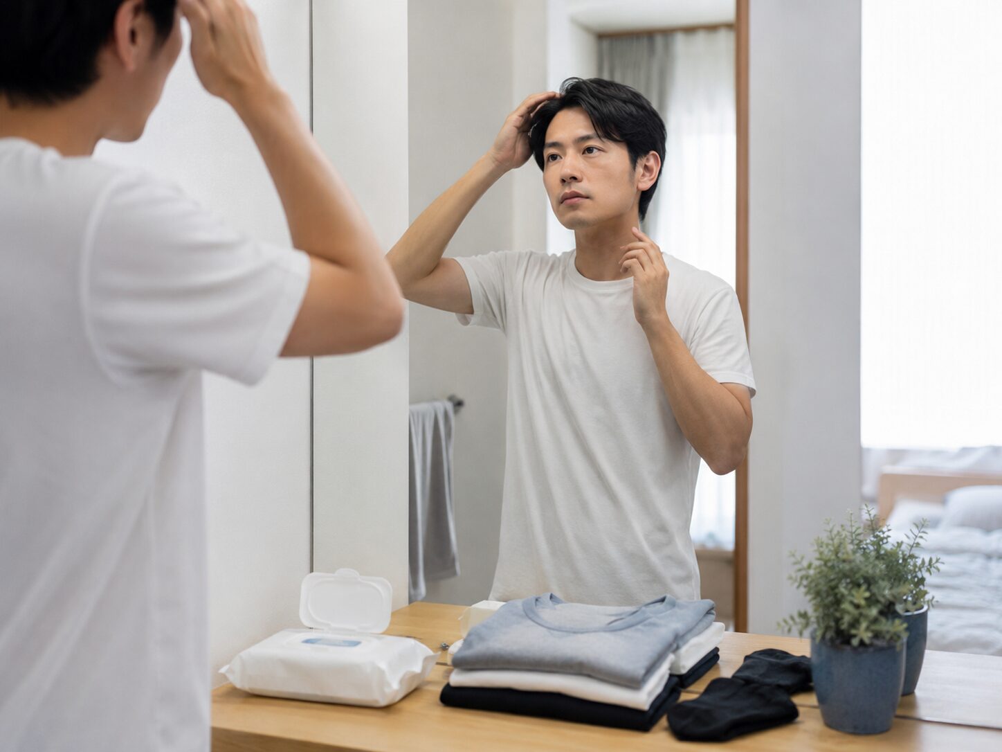 ボディシートと清潔なインナーや靴下を用意して外出前の身だしなみを整えている写真